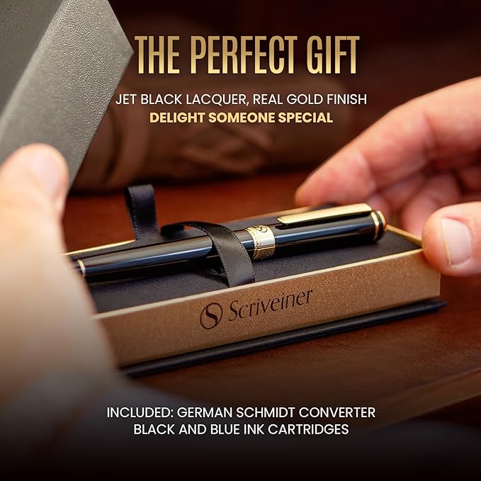 Scriveiner Luxury Fountain Pen - Stunning Black Lacquer Pen, Real Gold Finish, Schmidt Gilded Nib (Medium), Converter, Best Pen Gift Set for Men & Women, Professional, Executive, Office, Nice Pens