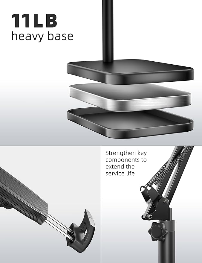 BluuSuuk Tablet Floor Stand with 11lb Stable Base - Adjustable Height Stretchable Arm Swivel Holder Mount, Compatible with iPad Pro Air Mini 12.9/9.7, Kindle, Galaxy Tab, Cell Phones (4.7''-13'')
