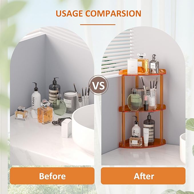Sezanrpt 3 Tier Countertop Corner Organizer Shelf 7x7x15.7 Inch, Orange Countertop Acrylic Bathroom Corner Shelf, Vanity Storage Organizer for Cosmetics, Toiletries