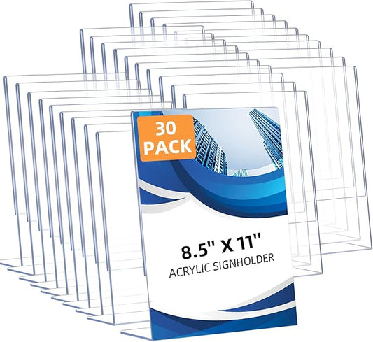 DECOHOBO 30 Pack Acrylic Sign Holder 8.5 x 11, Clear Plastic Display Stands for Tabletop, L-Shape Acrylic Stands for Flyers, Documents, Office, Restaurants, Vertical Sign Holder 8.5x11 for Desktop