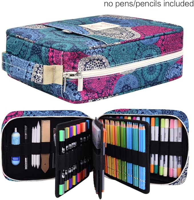 Pencil Case Holder Slot - Holds 202 Colored Pencils or 136 Gel Pens with Zipper Closure - Large Capacity Polyester Pen Organizer for Watercolor Pens or Markers - Perfect for Artist Blue Impression