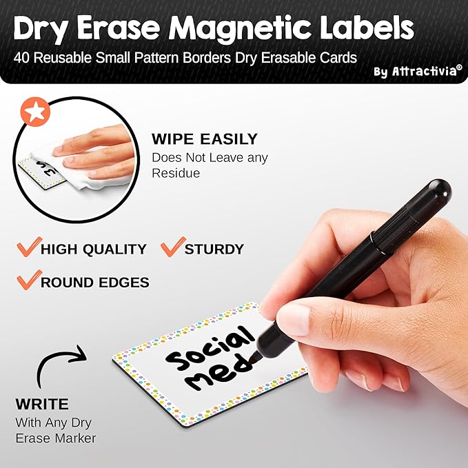 Attractivia Dry Erase Magnetic Labels 2.8 x 1.8 in, Pattern Borders, Small Dry Erase Magnets, 40-Pack, Colored Erasable Write-On All-Purpose Labels, for Office, Education, Home, Whiteboard