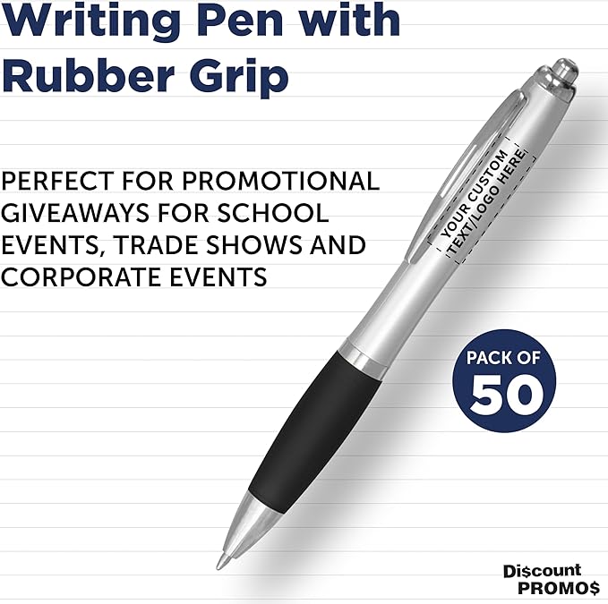 DISCOUNT PROMOS Personalized Ballpoint Pens With Rubber Grip, 50 pack Customizable Ergonomic Click-to-Write Custom Writing Pens for School with Black Ink, Black