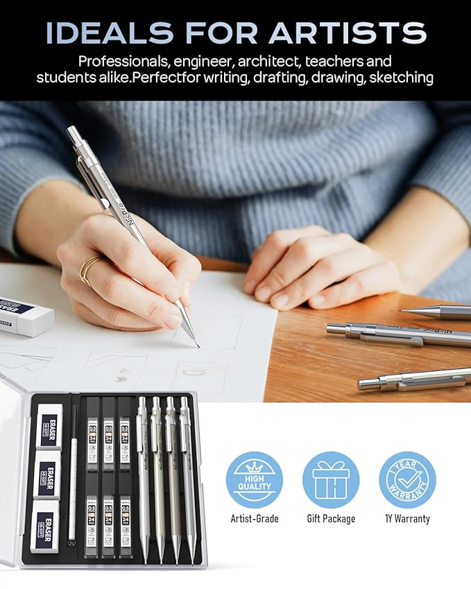 Nicpro 4 Pack Mechanical Pencil 0.5 mm with Case, MB1000 Metal Mechanical Pencil Set with 6 Tube HB #2 Lead Refill 0.5mm, 3PCS 4B Eraser, 9 Cap Eraser for Artist Drafting Writing, Sketching, Drawing