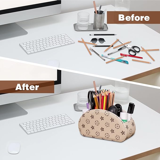 Remote Control Holders Organizer Box with 5 Compartment PU Leather Multi-functional Office Desk Storage Caddy Store Tv Remote for Media Player,Brush,Pencil,Glassees&Office Supplies (Begin+BrownF)