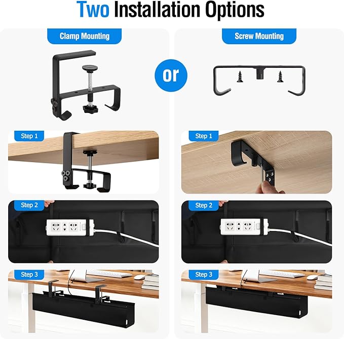 Under Desk Cable Management Tray, 36-Inch Heavy Duty No-Drill Clamp & Screw Mount Cord Organizer, Holds Power Strip & Large Adapters for Home Office, Gaming Desk, Study Room