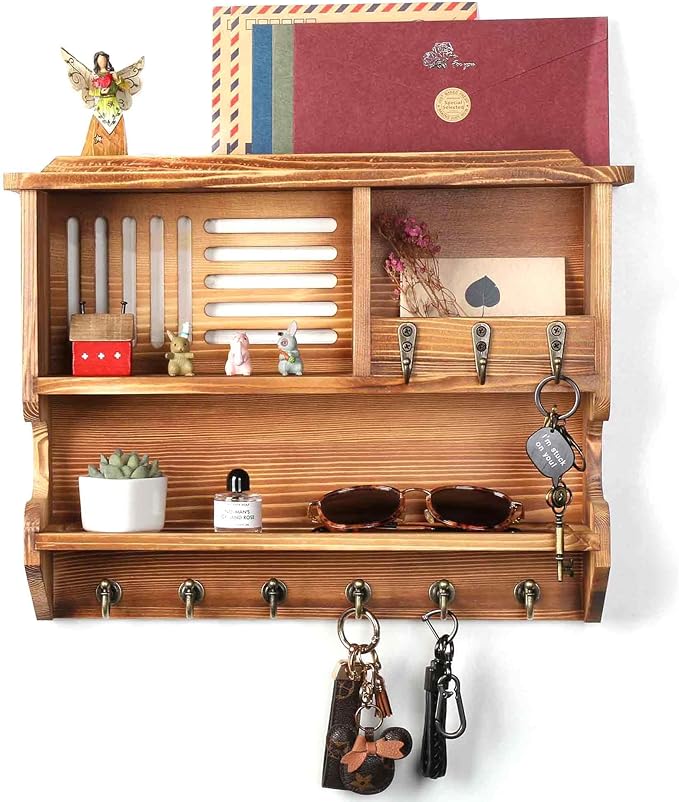 Mutsault Key Holder for Wall, Mail and Key Holder for Home Decor, Key and Mail Holder for Wall with Key Hooks, Brown