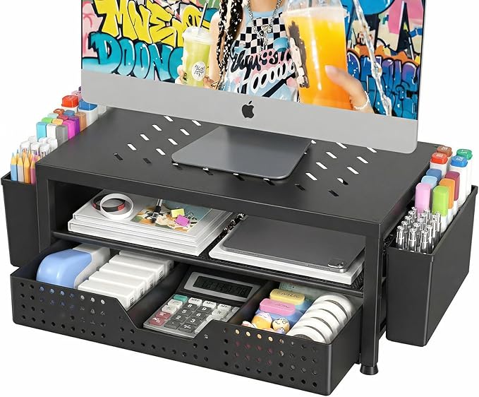 OPNICE Laptop Stand Desk Organizer, 2-Tier Metal Monitor Stand Riser with Drawer & 2 Pen Holders, Ventilated Perforated Steel Top, Office Desk Accessories for Home Office, Black
