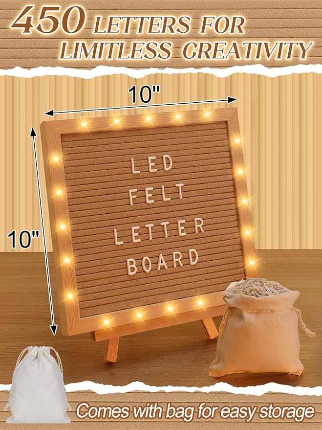 Changeable Felt Letter Board with LED Lights - 10×10" Message Custom Signs & Wood Stand & 450 Letters, Poster Board for Valentine's Day/Baby/Pregnancy Announcement/Classroom Wall Decor Gifts, Camel