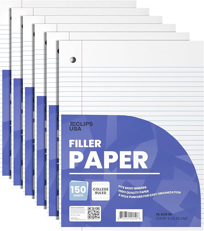 Loose Leaf Paper College Ruled Notebook Paper College Ruled Lined Writing Filler Paper 10.5” x 8” 900 Sheets 150 Sheets Per Pack 60 gsm (6 Pack)