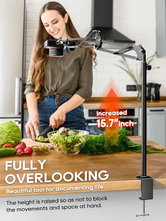 CACENCAN Overhead Camera Mount, 5lb Horizontal Load-Bearing, 360° Adjustable Stand for Desk, Flexible Arm Desk Mount, with Phone Clamp, Tabletop Mount for DSLR Camera/Webcam/Microphone（White