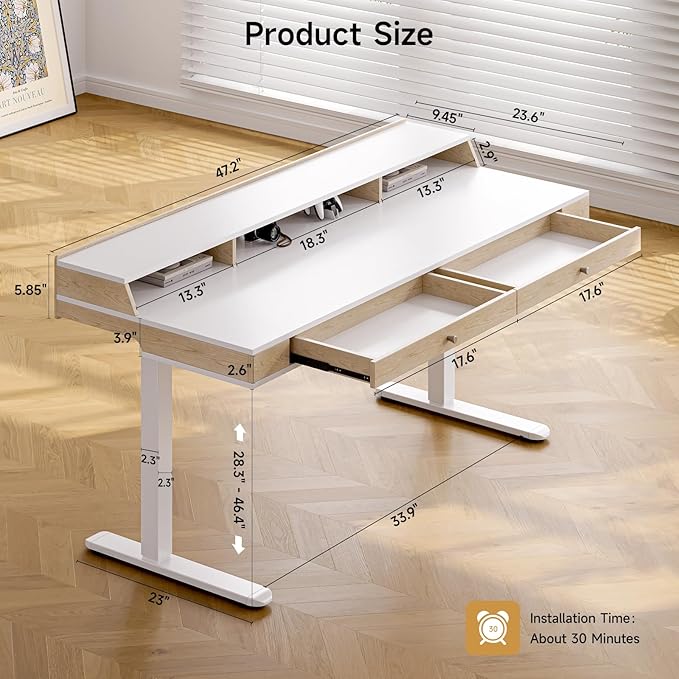 Standing Desk With Drawers, 47x23.6 Inch Electric Stand Up With Storage Shelf and Memory Controller, Adjustable Height 28-46 Inch for Computer Workstation, White