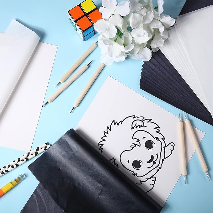 105 Pcs Carbon Transfer Paper 11.7 x 8.3 Inch Tracing Carbon Graphite Copy Paper with Embossing Stylus Tracing Stylus Dotting Tools for Cloth Wood (Black, White)