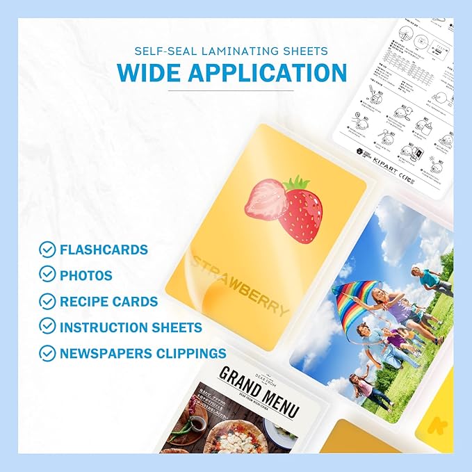 Uinkit 25Pack 4"x6" Self Seal Laminating Pouches, 10Mil Double-Sided for Recipe Cards & Photos, Waterproof Thick Plastic Sleeves to Preserve Pictures, Index Flashcards, Menus