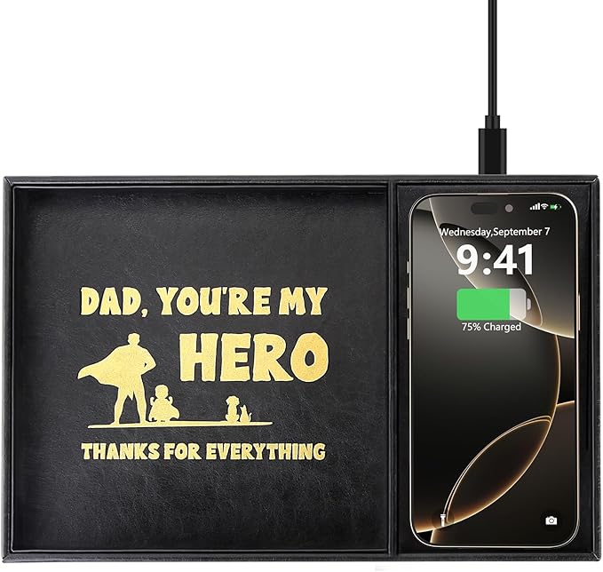 Gifts for Dad Valet Tray, Built-in Wireless Charger, Nightstand Organizer, Dresser Organizer, Mens Jewelry Box, Valet Charging Station, Gifts for Dad from Daughter Son Wife, Black