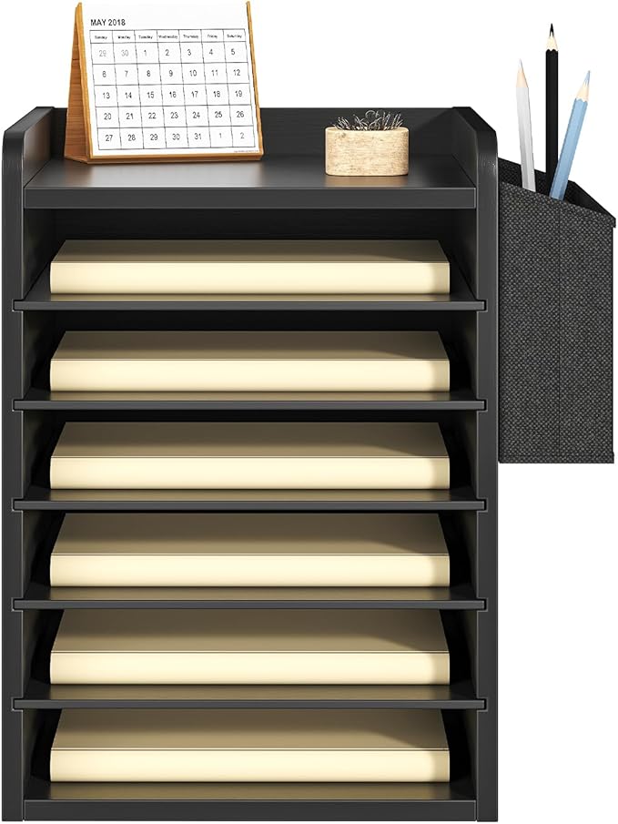 HOOBRO Adjustable Countertop Mail Sorter, 6 Tier Wooden Paper Organizer, Vertical Literature Organizer with Side Storage, Office Mailbox Cubbies, Classroom Mailbox, for Home, Office, Black BB34WF01