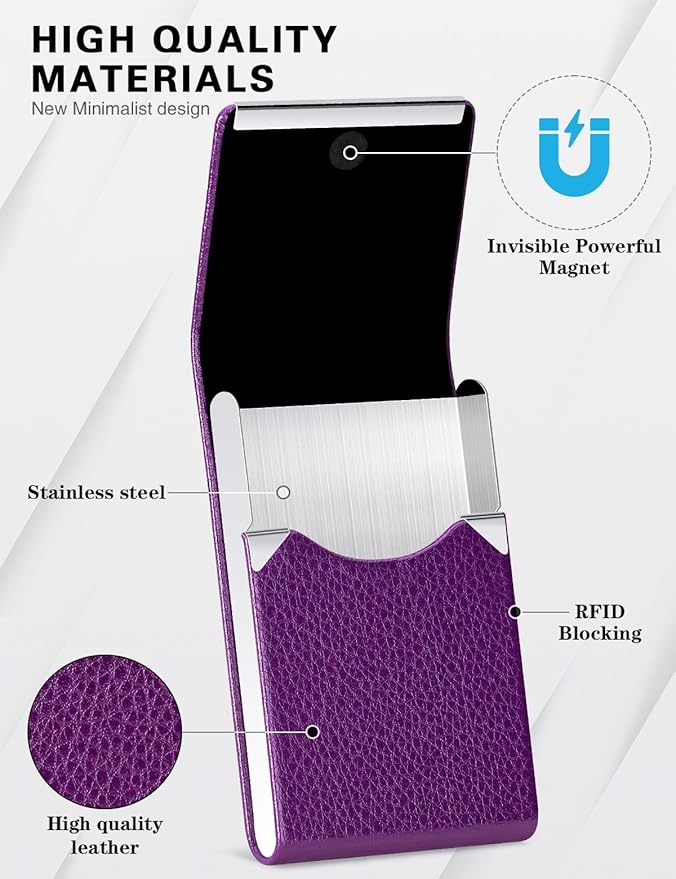 Padike PU Leather Business Card Holder for Women Slim Pocket Business Name Card Holder Stainless Steel Business Card Case with Magnetic Shut (Purple)