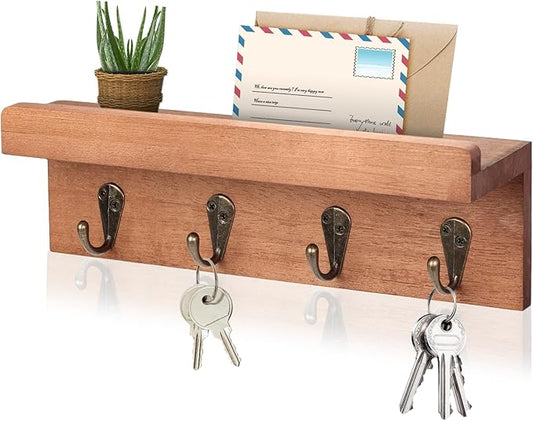 HRONRAD Rustic Key Holder for Wall, Farmhouse Wall Shelf with 4 Hooks, Wall Mounted Key Racks, Wooden Mail Organizer with Hooks for Entryway (Brown - Oak)