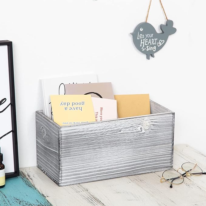 ExoLiry Rustic Gray Wood Mail Box Storage Holder File Organizer Tabletop Wooden Basket Letter Script Design Envelope Folder Decorative Container Desktop Home Office Entryway Bedroom Living Room