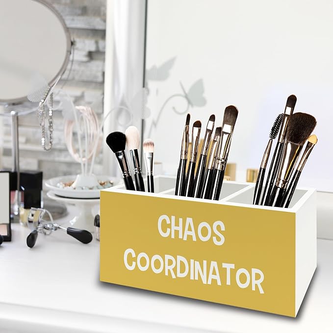 XPH Chaos Coordinator Yellow Pen Pencil Holder Organizer for Desk, Thank You Gifts for Women Men Coworkers Boss Leader Manager, Appreciation Gifts Wooden Box Sign for Office Tabletop Decorations