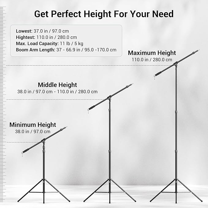 SmallRig 110"/9.2ft Photography Light Stand with Boom Arm, Heavy-Duty Aluminum Air-Cushioned Light Tripod Stand with 1/4" Screw for Softbox, Studio, Flash, Ring Light, Camera, 11lbs Max Load, RA-S280A