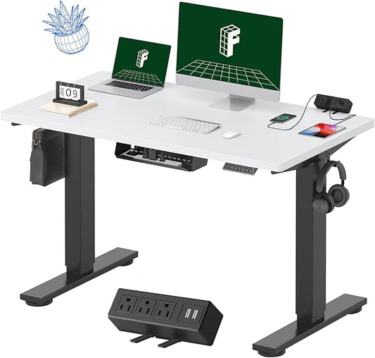 FLEXISPOT EN2 Whole-Piece Standing Desk with Clamp Power Strip, 48 x 24'' Electric Stand Up Height Adjustable Desk with Cable Management (Black Frame + 48" White Top, 2 Packages)