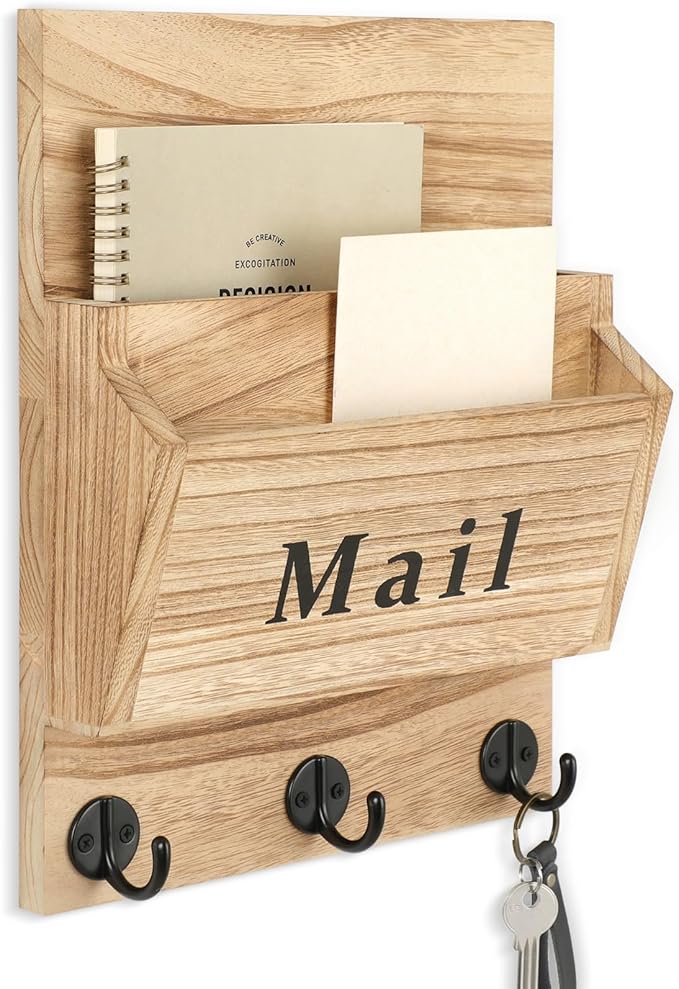 Lucundm Mail and Key Holder - Decorative 9.8" x 12.5" Wall Key Hanger with 2 Mail Organizer Slots and 3 Hooks - Real Paulownia Wood with Keyhole Brackets, Hardware and Instructions (Wood)