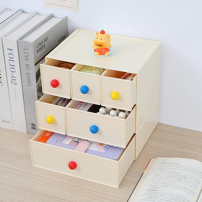 OSteed Desktop Drawers, Desk Organizer with 3 Drawers & Dopamine Handles, Stackable Plastic Storage Box for Home Collection, Cosmetics, Office Supplies (1 Tall Layer, Cream)