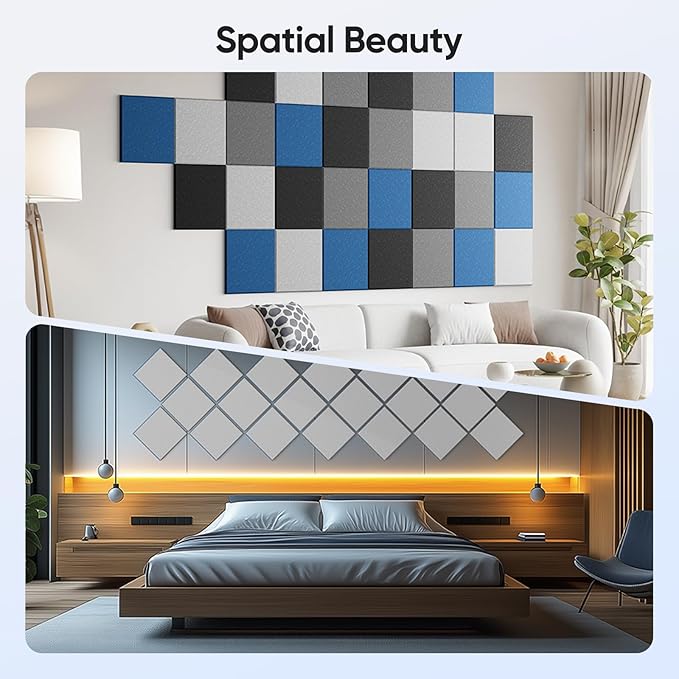 UNECHO 12 Pack 12" X 12" X 0.4" Acoustic Panels for Wall Sound Absorbing, Square Self-Adhesive Sound Panel, High Density Suitable for Multiple Scenarios(Snow White)