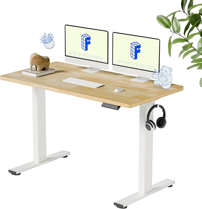 FLEXISPOT EN1 Solid Wooden Single-Piece Standing Desk, 48 x 24 Inches Sit Stand Desks for Home Office and Gaming (White Frame + Rubber Wood Top, 2 Packages)