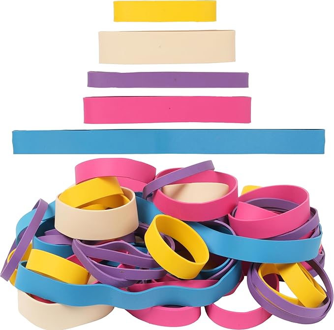 65Pcs Rubber Bands Assorted Sizes Colors 6 sizes #82#84 size94 size64 size107 Mixed wide Elastic Bands for for Survival Office Supply Tactical Rubber Bands