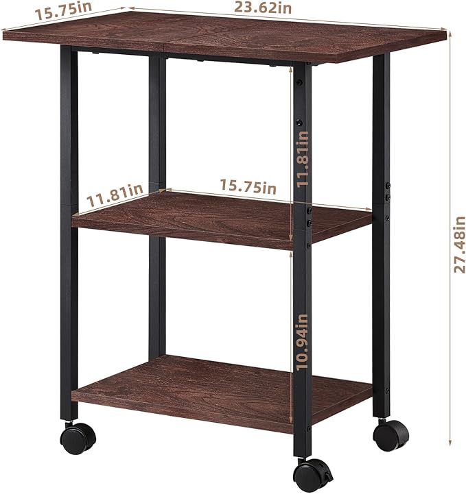Lerliuo 3-Tier Printer Stand, Industrial Mobile Printer Table with Storage Shelf and Steel Frame, Rolling Printer Cart Holder with Lockable Wheels for Home, Office (Walnut)