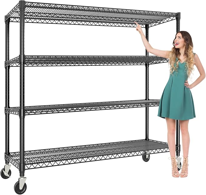 MilleLoom 72" H X 59 W X18 D Storage Shelves with Wheels, 4 Tier Wire Shelving Adjustable Metal Shelving Shelves Capacity 2640LBS Heavy Duty Shelf for Garage Shelving, Pantry, Kitchen, Commercial