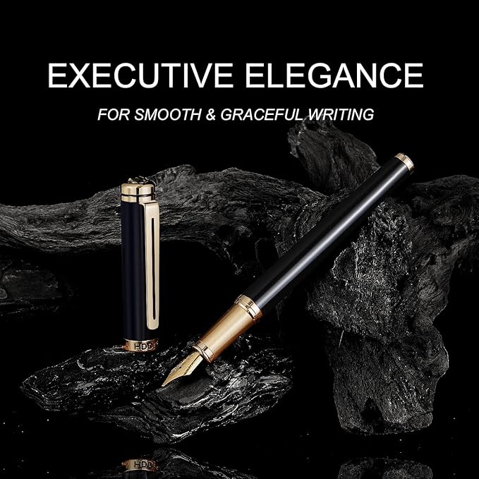 HDDNB Black Luxury Fountain Pen Set for Men and Women with Gift Box, 24K Gold Finish and Gilded Nib(Medium) with 5 Black Ink Cartridges and Converter