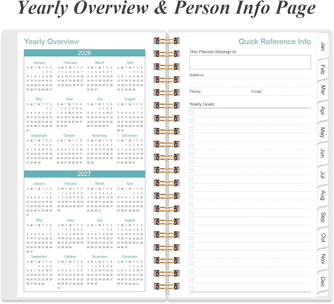 2026 Pocket Planner/Calendar - 2026 Planner from January 2026 - December 2026, Planner 2026 with 12 Tabs, Twin-Wire Binding, Inner Pocket, 3.75" x 6.75, Rose Leaf
