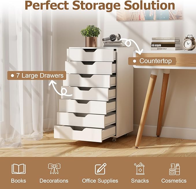 Giantex Drawers Cabinet Mobile Lateral Filing Organizer with 7 Drawers and Wheels Mobile Side Cabinet Chest for Home Office Storage Use 7-Drawer Dresser (19” x 16” x 34.5”, White)