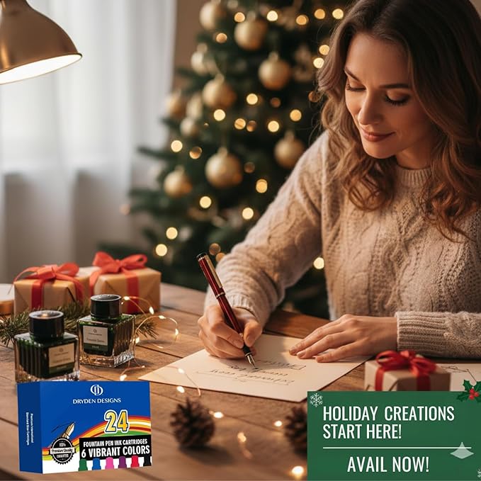 Dryden Designs Fountain Pen - Medium and Fine Nibs | Includes 24 Ink Cartridges and Ink Refill Converter | Calligraphy Pen, Consistent Writing, Smooth Flow - Emerald Green.
