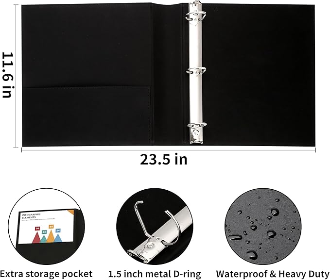 LETVPVOW 2 Pcs Vintage Hardback 3 Ring Binder 1.5 Inch, Professional Leather Binder 3 Ring, Three Ring Binders Fits 8.5 x 11, D Ring Binders for Home, School and Office- (1 Black and 1 Dark Green)