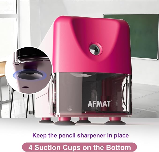 AFMAT Electric Pencil Sharpener, Cordless & Rechargeable, Heavy Duty Classroom Pencil Sharpeners for 6-11 mm Pencils, Auto Stop, 2s Fast Sharpening, Battery Powered, 10,000 Sharpenings, Pink, PSD3