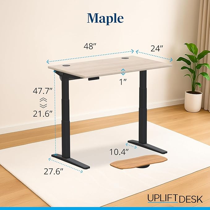 UPLIFTDESK V3 2-Leg Maple Laminate Wood Standing Desk – Adjustable Height, Advanced 1-Touch Memory Keypad, Under Desk Cable Management, Wire Grommets & Rocker Board (Black C-Frame, 48 x 30 inch)
