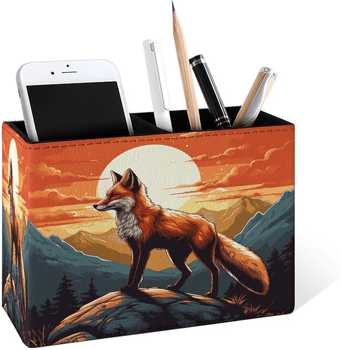 Famame Mountains Red Fox Sunset Pencil Holder for Desk, Leather Desktop Container Pen Cup Storage Study Table Pen Organizer Makeup Brush Holder for Classroom Office Home