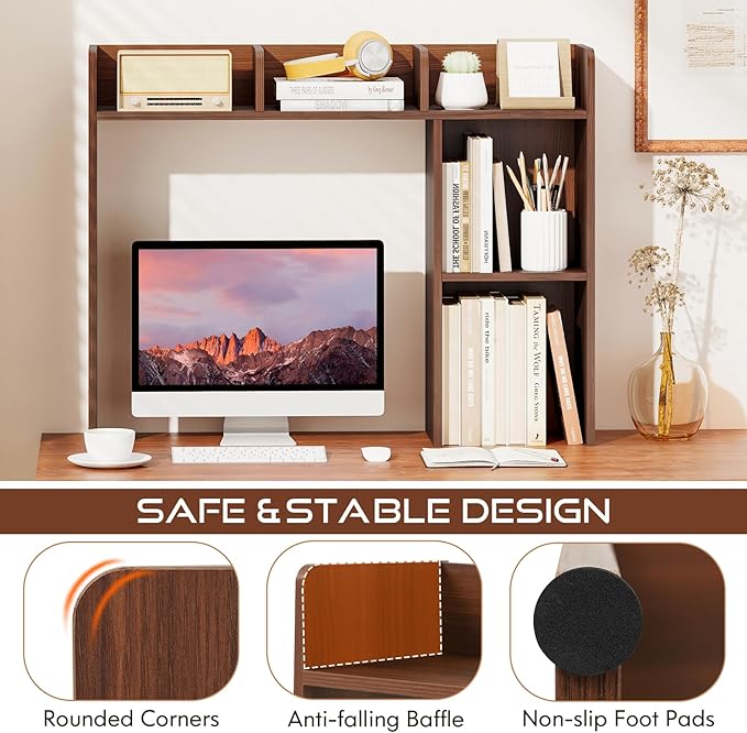 Tangkula Desktop Bookshelf, Countertop Storage Hutch with Shelves for Computer Desk, Desk 3-Tier Display Rack, Multipurpose Wood Desktop Hutch Storage Organizer for Dorm Office (Walnut,5 Shelves)