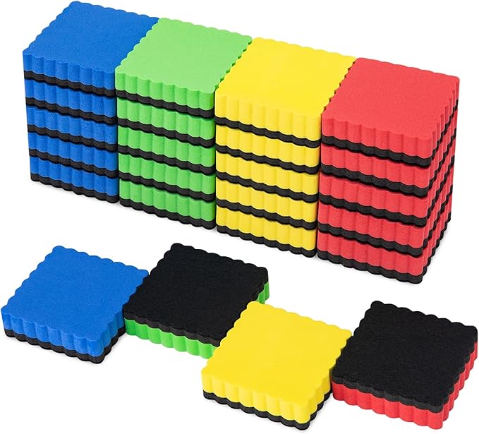 JEFURE 24 Pcs Mini Dry Erase Erasers, Magnetic Whiteboard Eraser, Magnetic Erasers for Dry Erase Board, Dry Marker Eraser, White Board Dry Erase for Whiteboard, Teacher, Home and Office (4 Color)