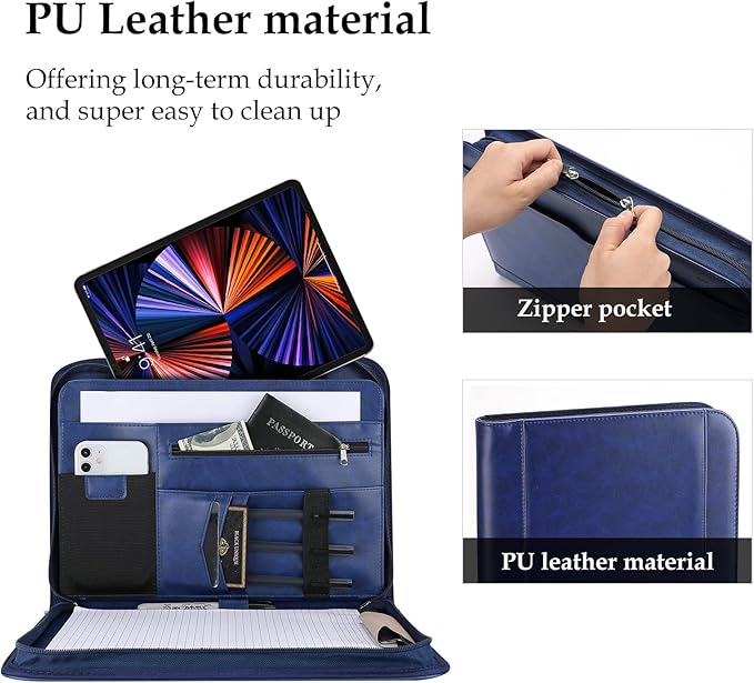 ProCase Portfolio Business Padfolio Folder with Zipper, Conference Meeting Executive File Legal Document Organizer with Pockets Letter Size A4 Writing Pad Notepad Padfolio -Navy