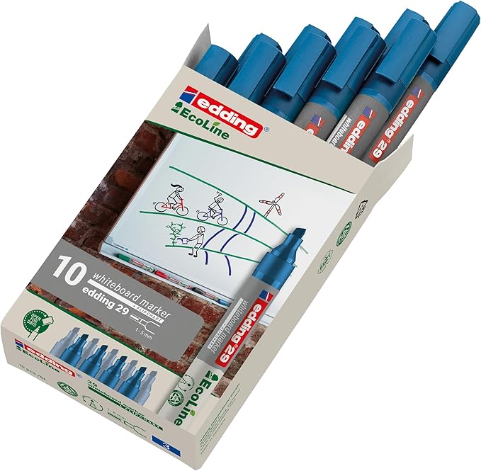 edding 29 Ecoline whiteboardmarker - blauw - 10 whiteboardstiften - beitelpunt 1 - 5 mm - boardmarker uitwisbaar - voor whiteboard, flipchart, magneetbord, prikbord, memobord - sketchnotes - navulbaar