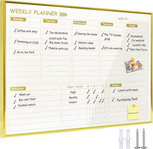 Gold Weekly Dry Erase Board for Wall,12"x16",Small Magnetic Dry Erase Weekly Calendar Board,Gold Metal Frame Weekly Planner Whiteboard for to Do List, Memo, School, Home, Office, Kitchen-GZ