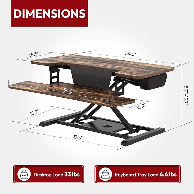 SANODESK Standing Desk Converter with Electric Motor 35" Height Adjustable Desk Riser for Office Home,Monitor and Laptop Workstation with Large Keyboard Tray, Rustic Color