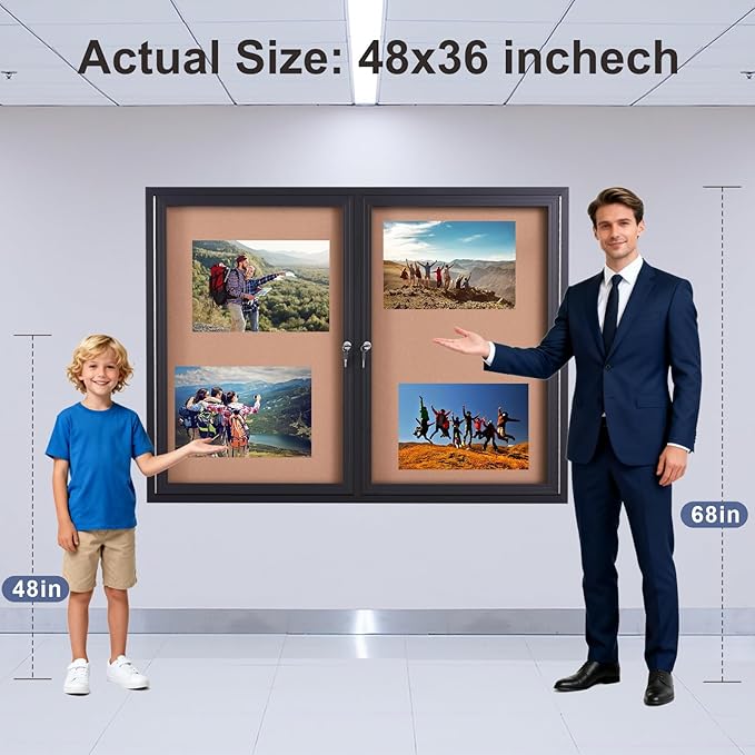 48x36 Inch Lockable Enclosed Bulletin Board, Weather-Resistant Outdoor Noticeboard with 2 Locking Doors, Wall-Mounted Black Aluminum Frame & Cork Presentation Board