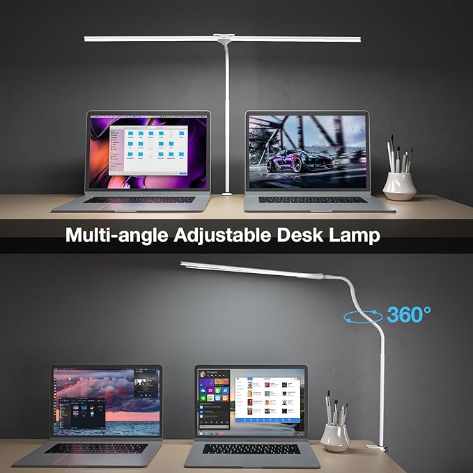 LED Desk Lamp, 31.5'' Wide Double Head Desk Lamps for Home Office, Dimmable 25 Lighting Modes 16W 1800lm Bright Task Lighting, Eye Caring Architect Table Lamp for Workbench Monitor Study, White