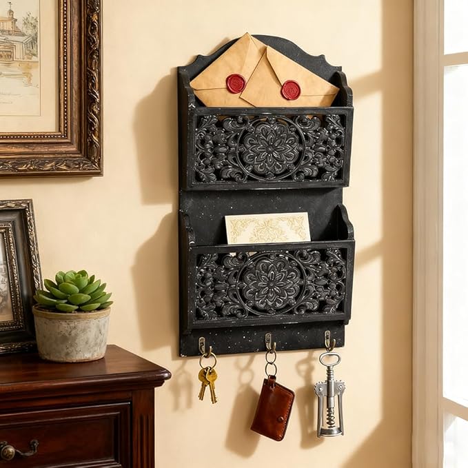 Chadechimo Rustic Key and Mail Holder for Wall Home Decorative,2-Slot Mail Organizer Wall Mount with 3 Hooks, Wooden Key Hangers Wall File Organizer Letter Sorter for Letter Magazines（Black）